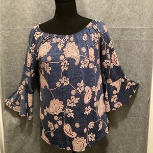 Lavish Navy Blue Off-Shoulder Floral Bell Sleeve Blouse